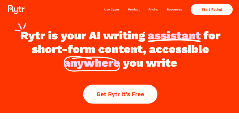 Rytr AI writing assistant homepage showcasing short-form content capabilities