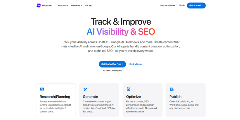 Writesonic Review 2025 Dashboard showing Writesonic's AI Visibility and SEO features