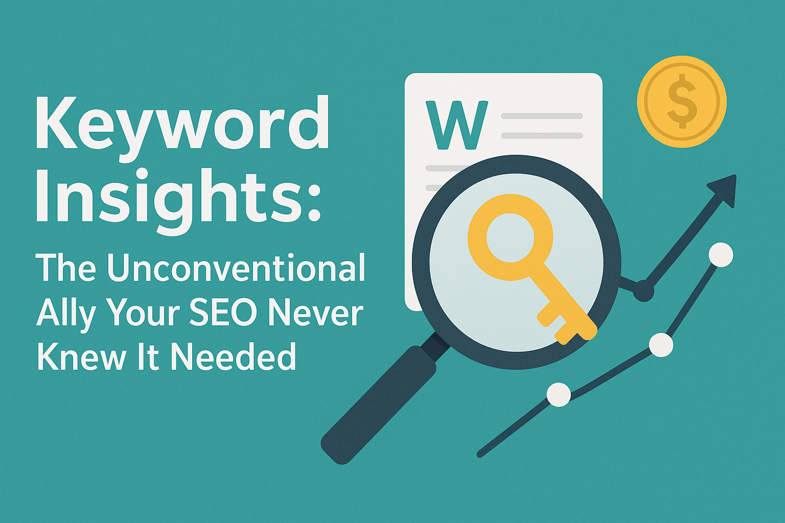 SEO keyword insights concept illustration with magnifying glass, key icon, document, growth chart, and dollar coin.