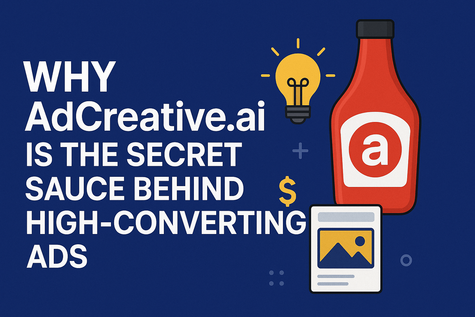 Promotional banner for “Why AdCreative.ai Is The Secret Sauce Behind High-Converting Ads” with icons of a ketchup bottle, lightbulb, dollar sign, and ad mockup on a blue background.