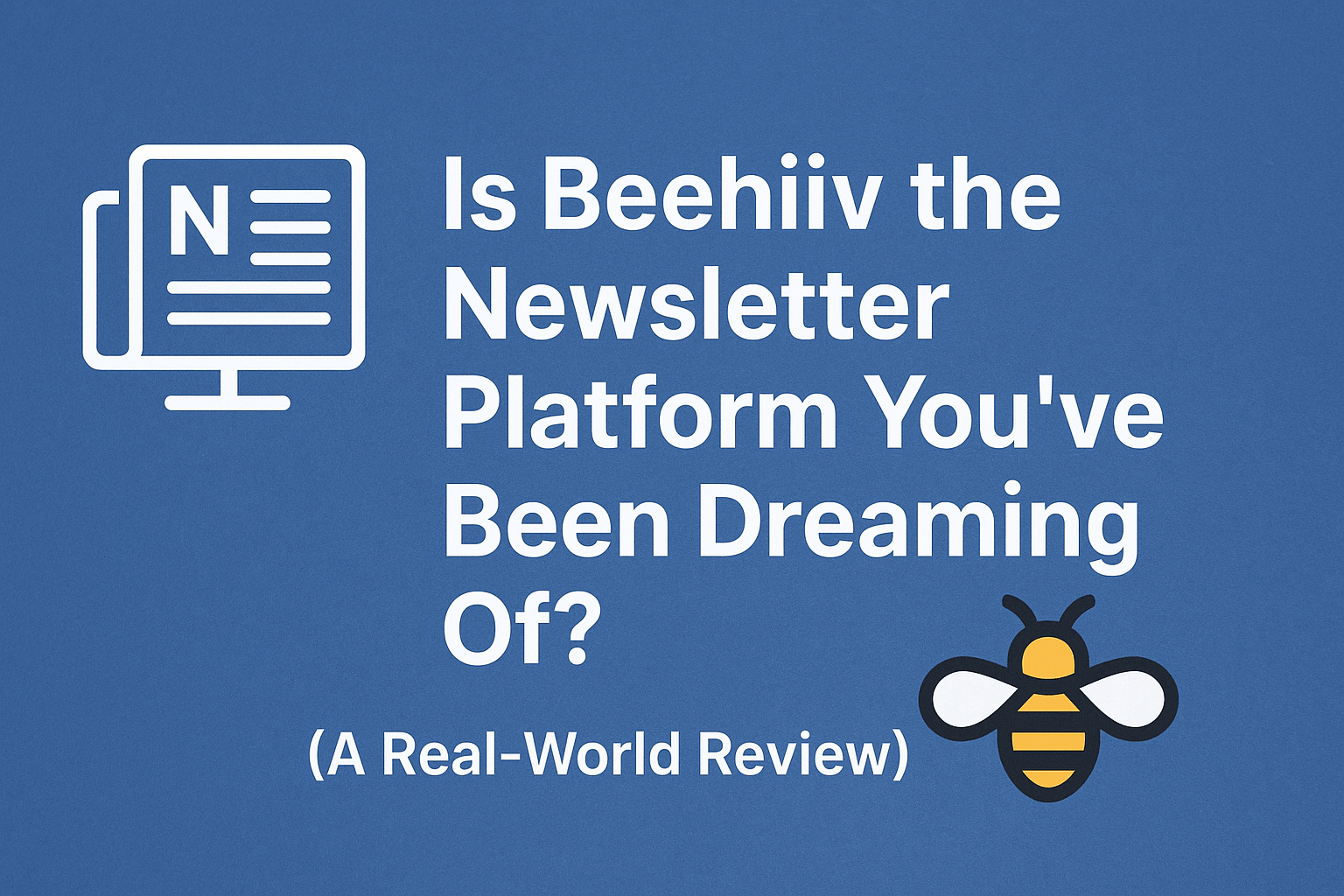 Featured image with Beehiiv review title, newsletter icon, and bee graphic on blue background