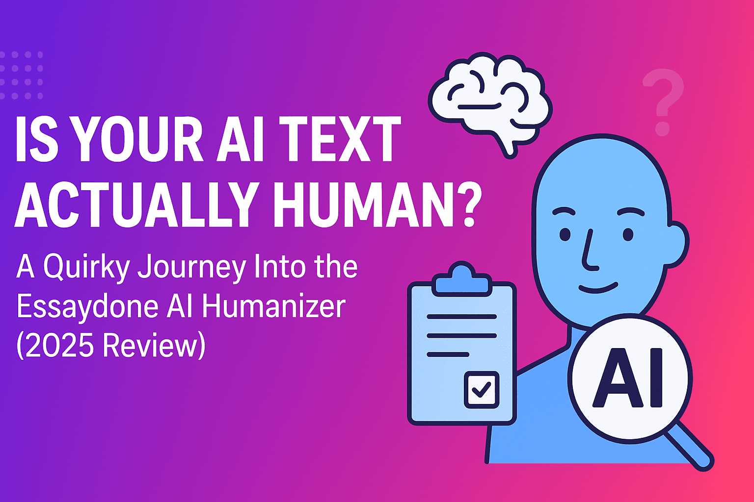 Essaydone AI Humanizer logo with quirky AI and text icons, alongside bold title text “Is Your AI Text Actually Human? (2025 Review)” on a bright tech-themed background.
