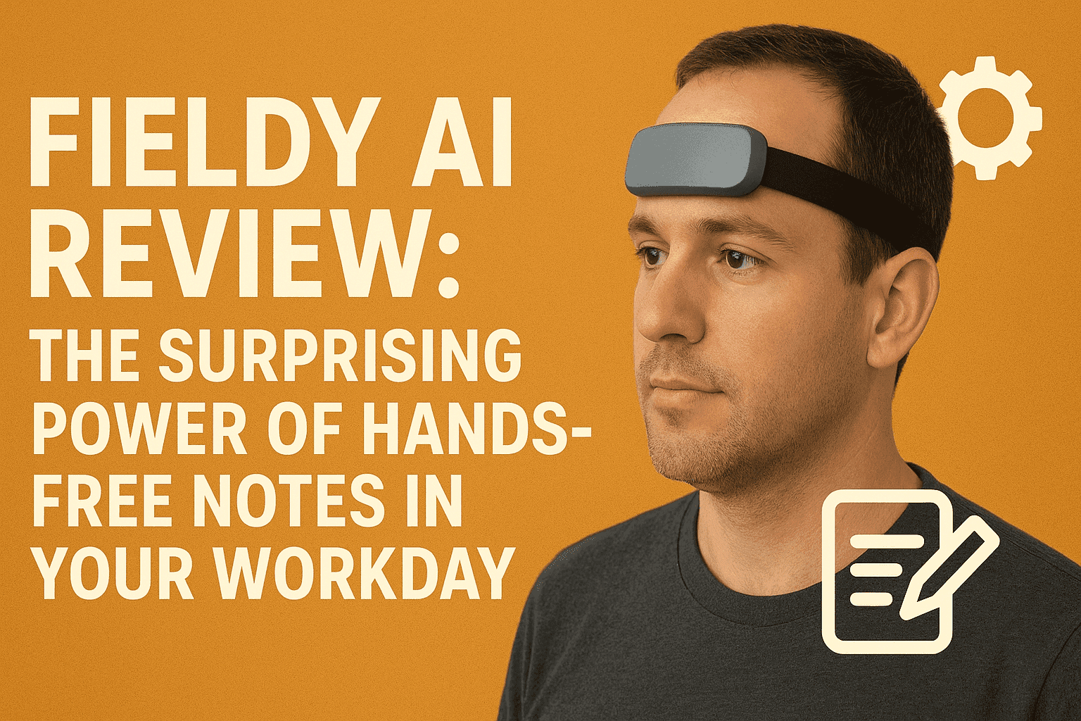 Man wearing a Fieldy AI wearable device on his forehead with bold text “Fieldy AI Review: The Surprising Power of Hands-Free Notes in Your Workday” on an orange background and note-taking icon.