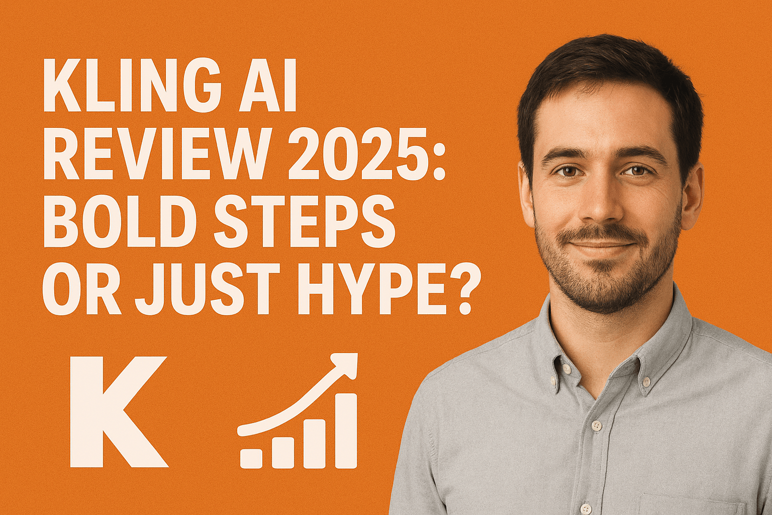 Smiling man in light blue shirt next to bold white text “Kling AI Review 2025: Bold Steps or Just Hype?” on a dark blue background with futuristic AI and technology icons.