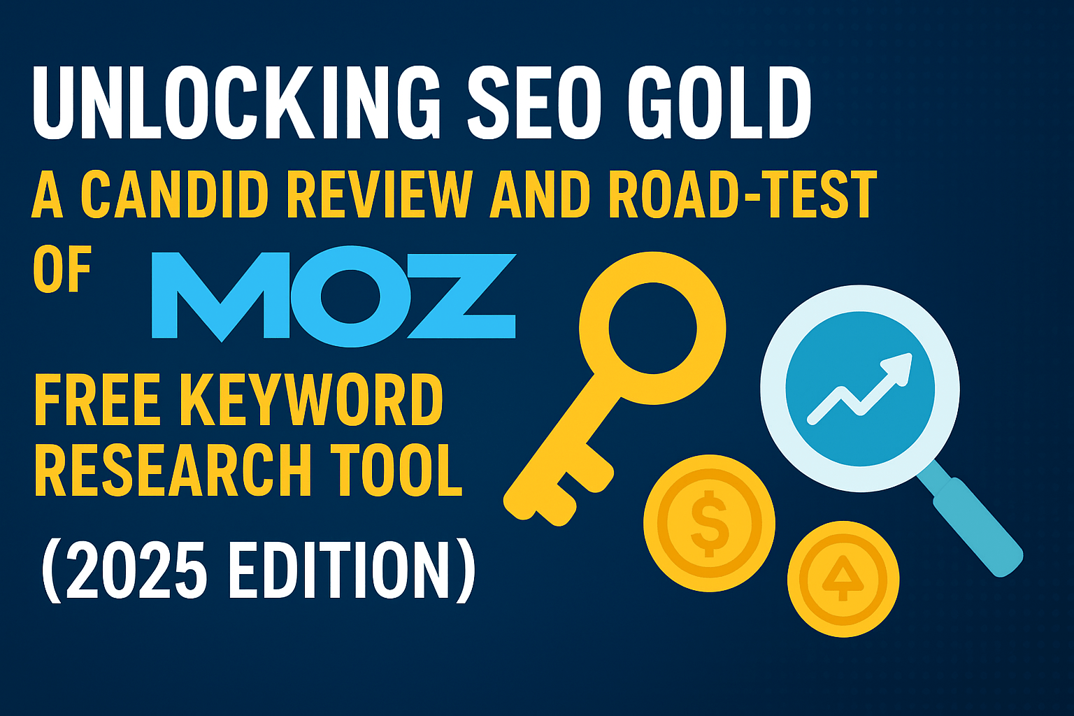 Moz logo with magnifying glass, SEO graph icons, and bold text “Unlocking SEO Gold: A Candid Review and Road-Test of Moz Free Keyword Research Tool (2025 Edition)” on a modern blue gradient background.