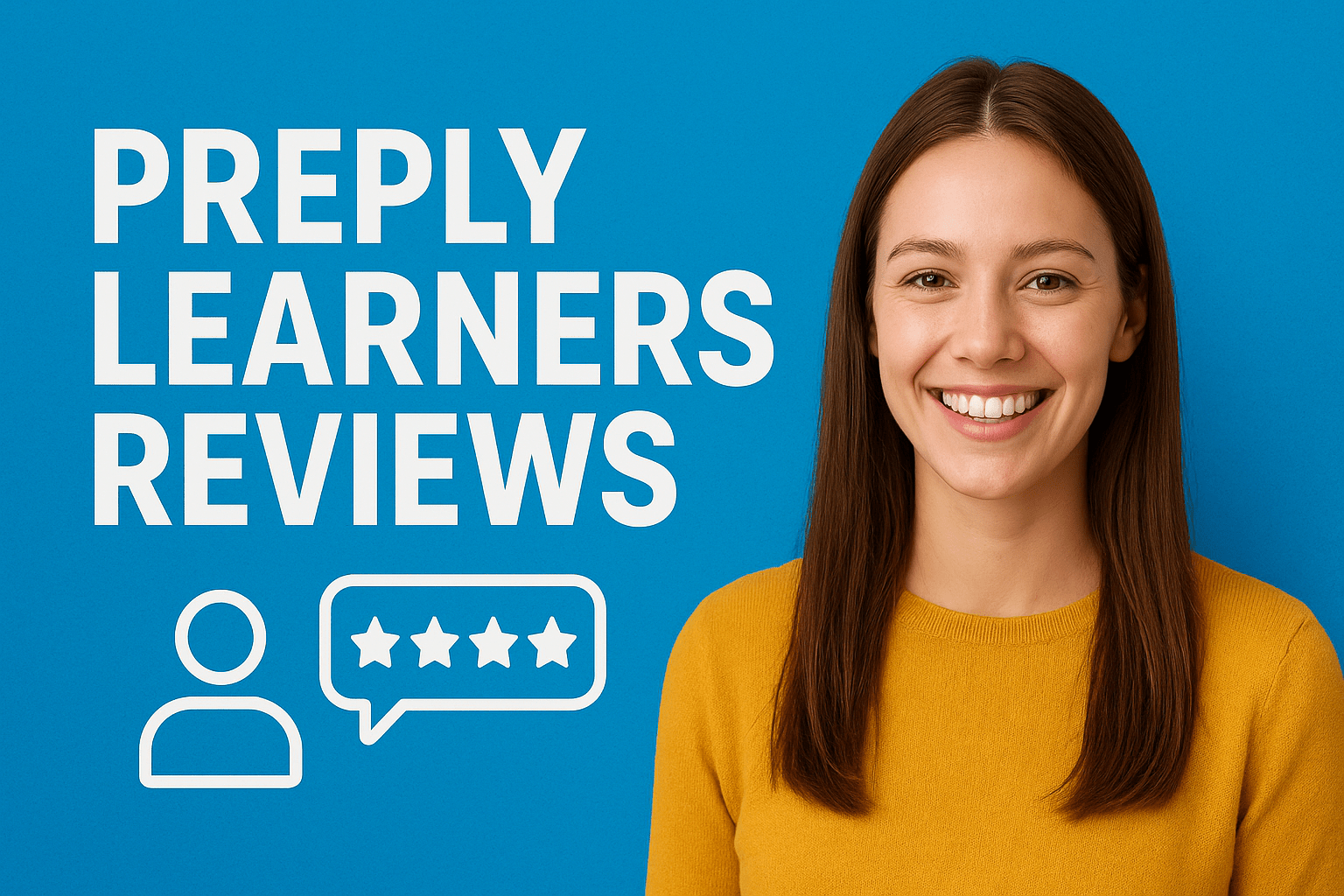 Smiling young woman in mustard yellow sweater next to bold white text “Preply Learners Reviews” on a blue background with five-star rating and user icons.